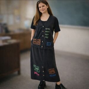 Vtg 90s Blue Cactus cotton knit maxi dress with vest  southwestern design sz M